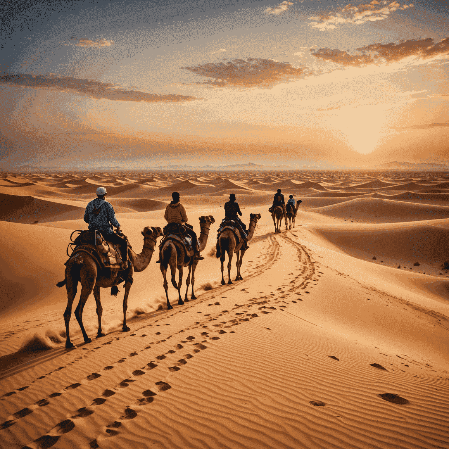 A group of people enjoying an exciting desert safari adventure, riding camels and quad bikes across the sandy dunes under a beautiful sunset sky