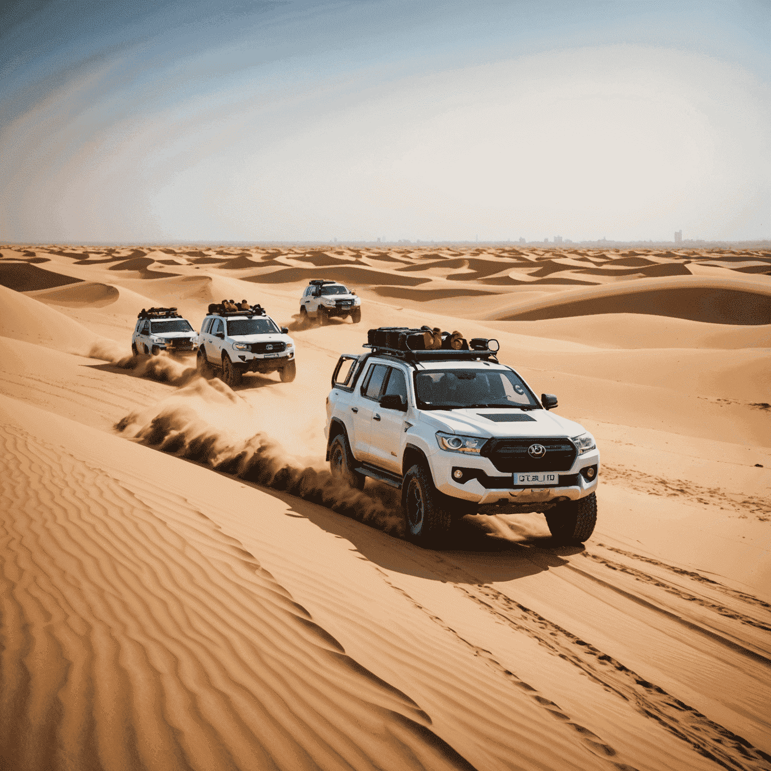 A group of 4x4 vehicles driving over sand dunes in the UAE desert, with people enjoying the thrilling ride