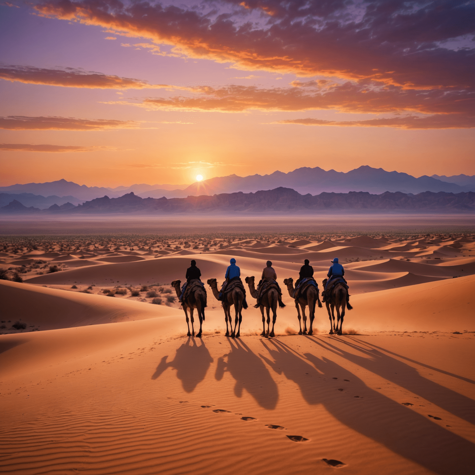 A group of people riding camels in the desert during a beautiful sunset, with the sky filled with vibrant shades of orange, pink, and purple. The vast expanse of the desert stretches out before them, with sand dunes and distant mountains visible on the horizon.