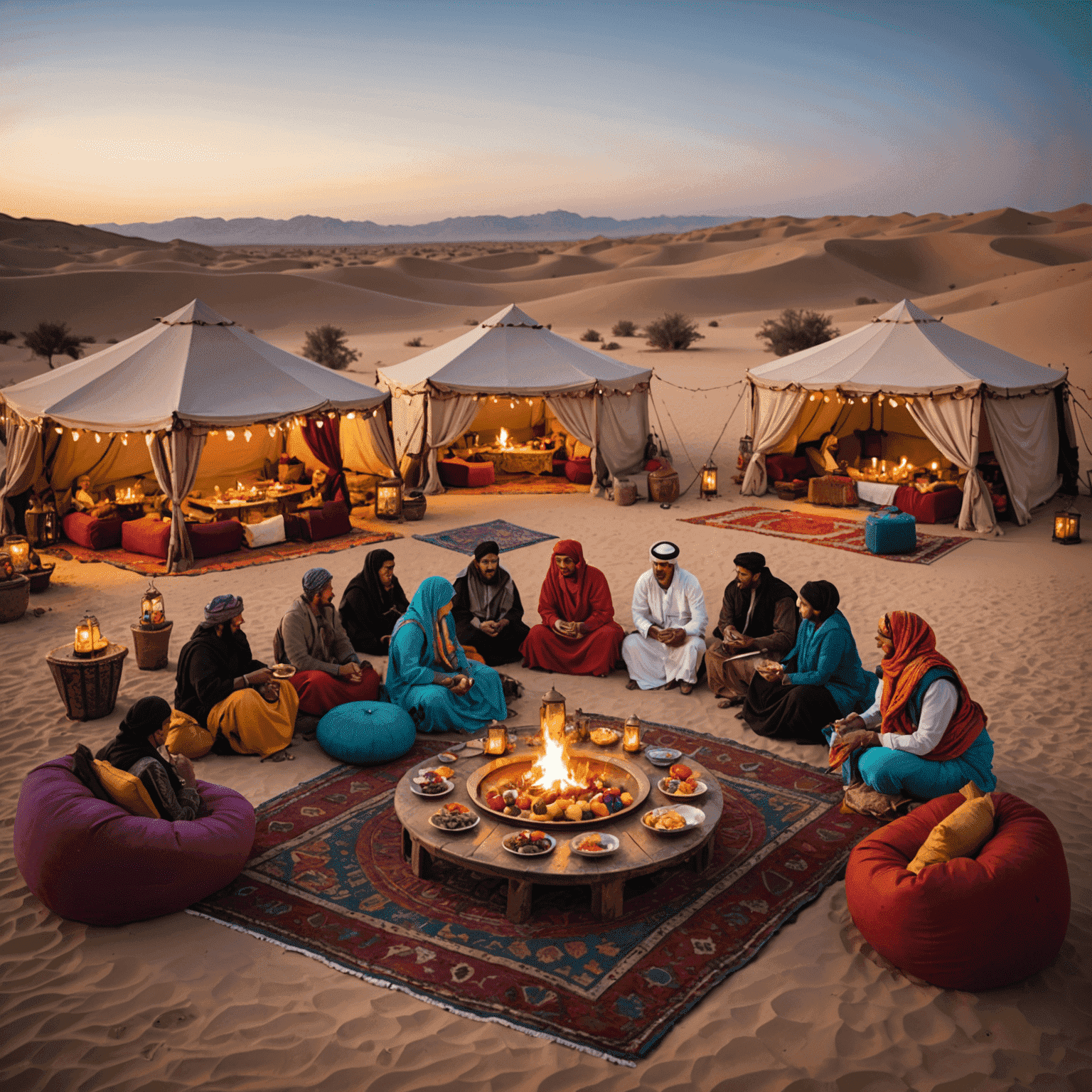 A traditional Bedouin camp set up in the desert with low tables, colorful cushions, and lanterns. Guests are enjoying a feast of Arabic dishes while watching a belly dancer perform.