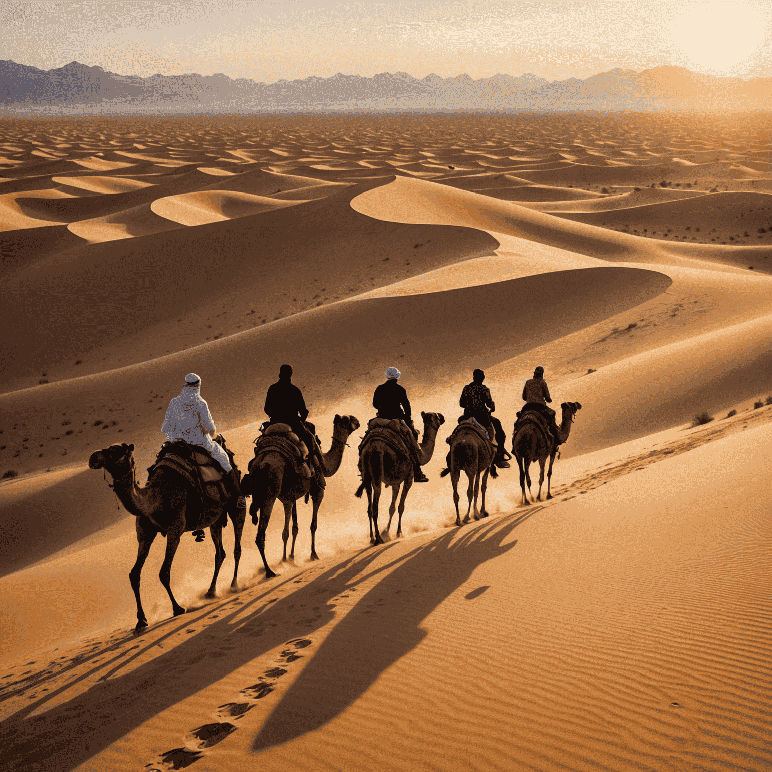 A group of people enjoying an exhilarating morning desert safari, riding camels and sandboarding down the dunes as the sun rises over the desert landscape.