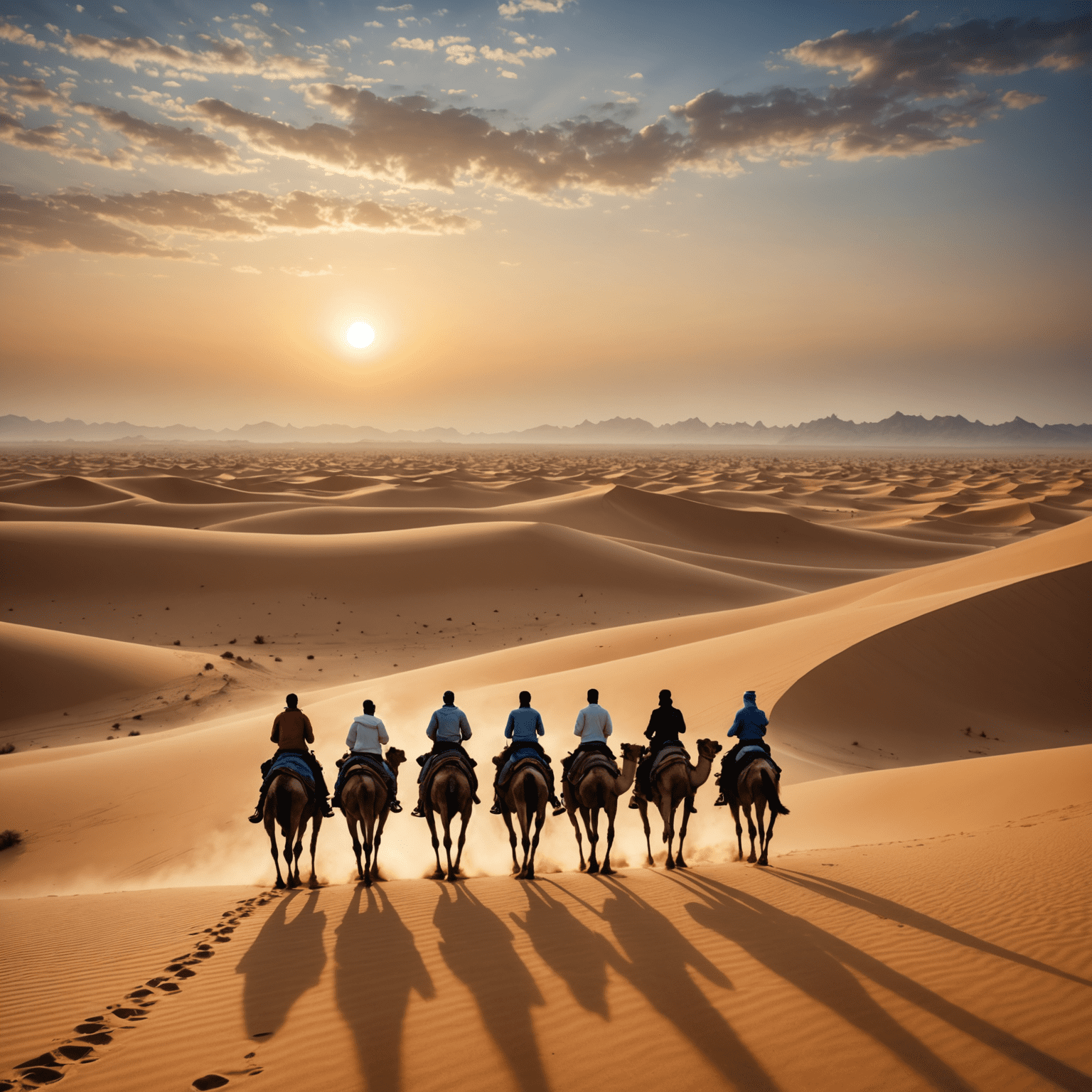 A group of people enjoying a thrilling morning desert safari in the UAE, riding camels and sandboarding down the golden sand dunes under a beautiful sunrise sky