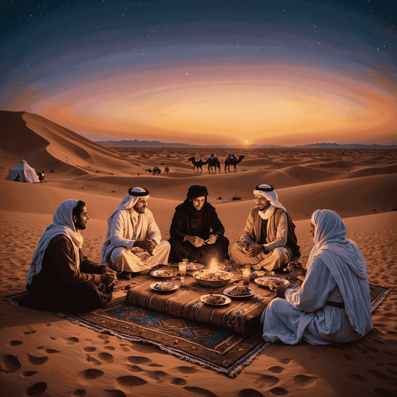 A group of people enjoying a traditional Bedouin-style dinner under the stars in the desert, with sand dunes and a colorful sunset in the background