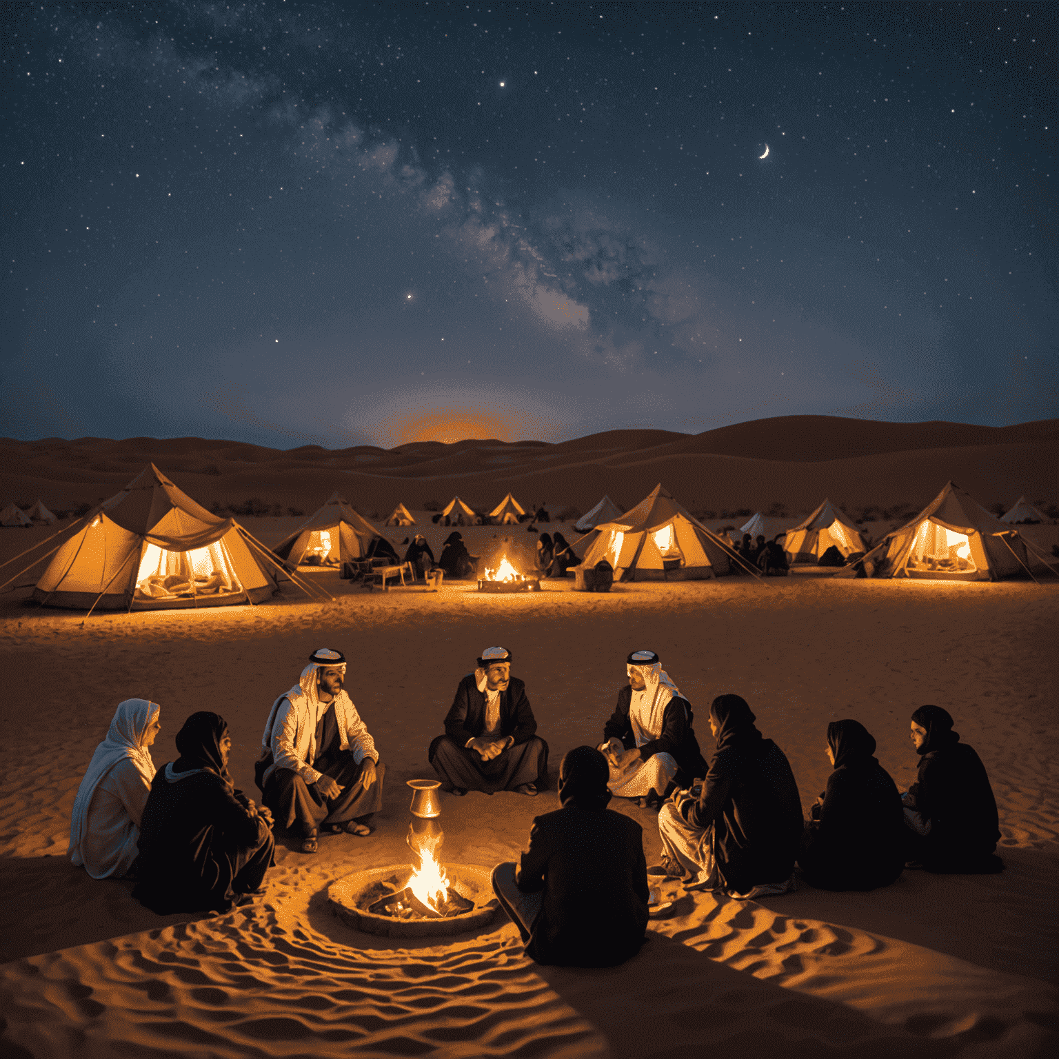 A group of people enjoying an overnight desert safari, with traditional Bedouin tents set up under a starry night sky. In the foreground, a campfire is lit, and people are gathered around it, enjoying traditional Arabic coffee and dates.