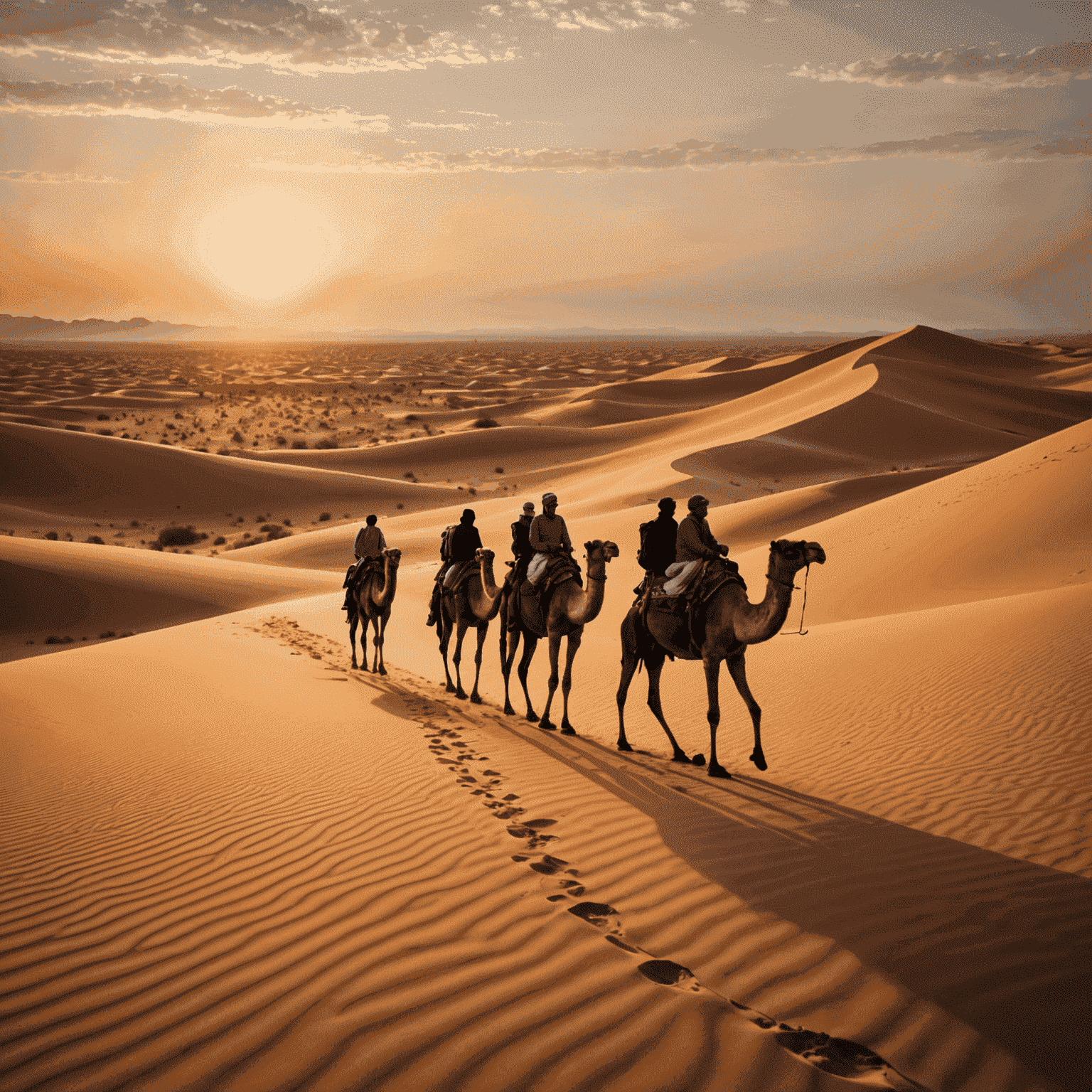 Private desert safari experience with a group of people enjoying a sunset camel ride across the sand dunes