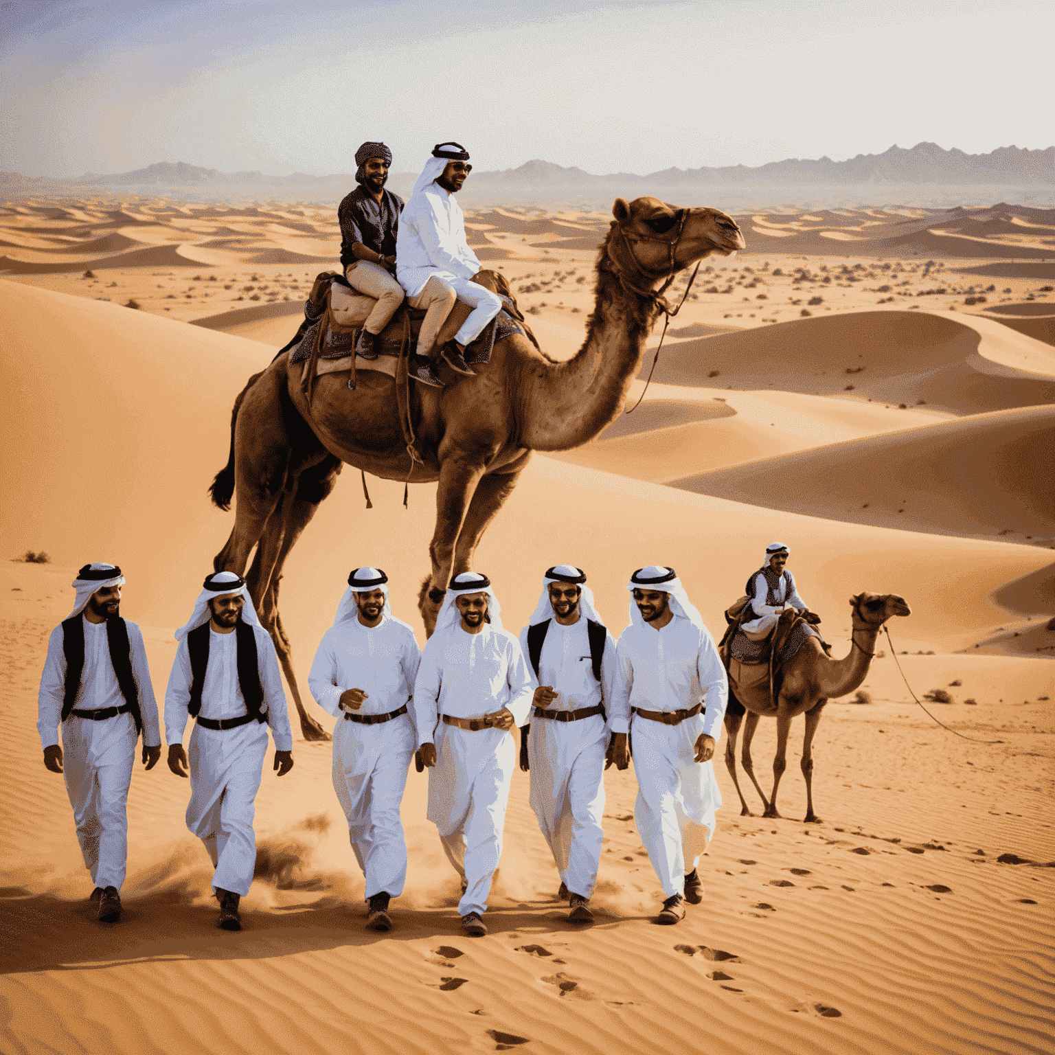 A group of corporate employees enjoying a desert safari team-building event, with activities like camel riding, sandboarding, and traditional Emirati entertainment in the background of the vast desert landscape