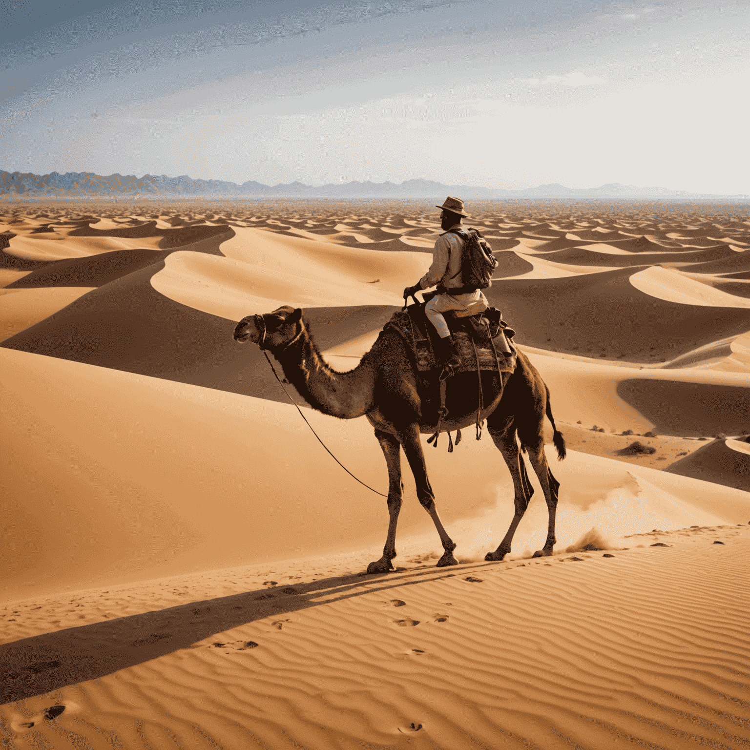 A person riding a camel across the desert sand dunes during a safari tour