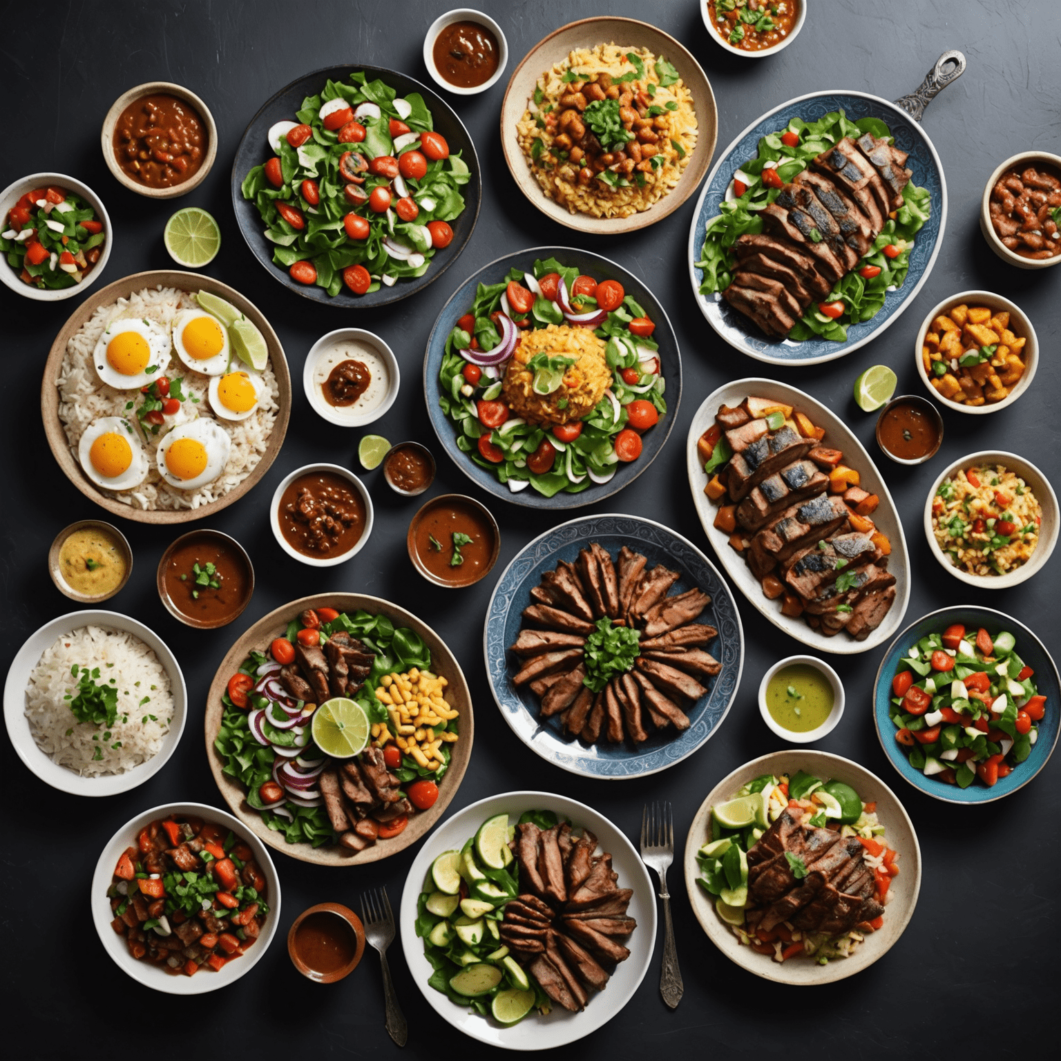 A spread of traditional Arabic dishes including grilled meats, rice, salads, and flatbreads, beautifully presented on large platters.