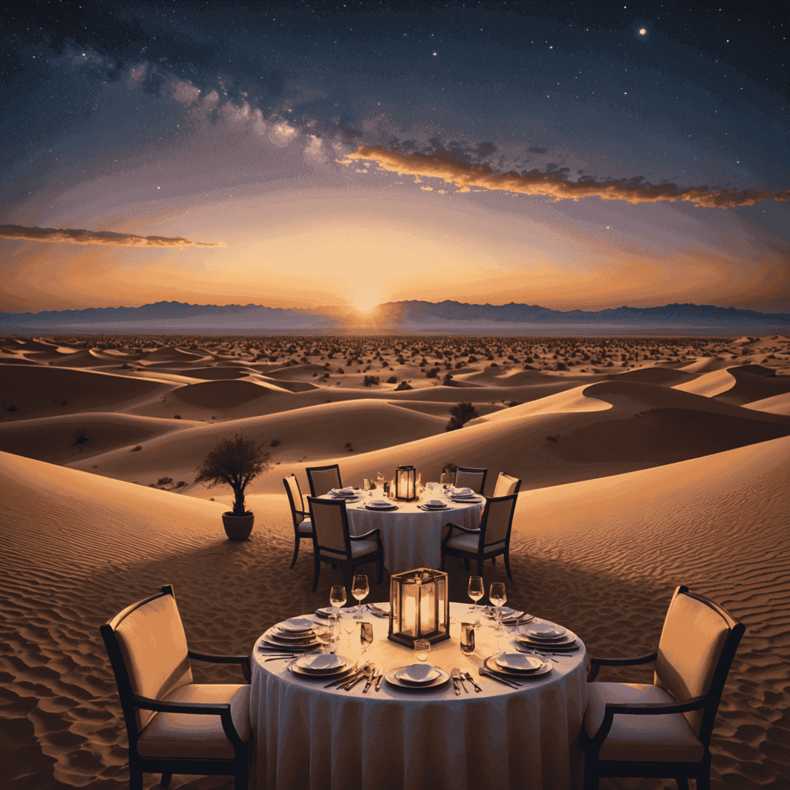 A stunning sunset over the desert dunes, with traditional entertainment and a delicious dinner served under the starlit sky.