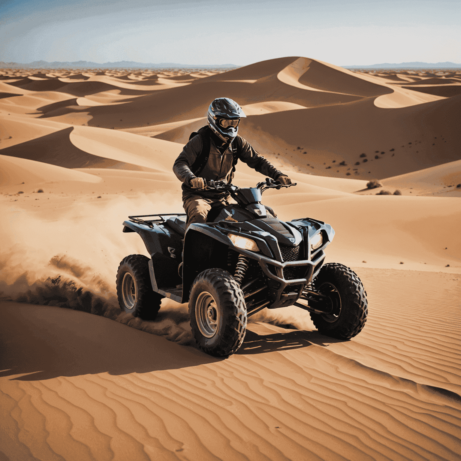 A person riding a quad bike over the desert sand dunes, leaving a trail of dust behind