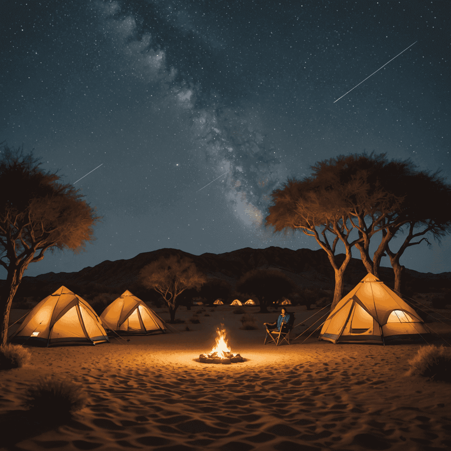 A serene desert campsite under a starry night sky, with tents set up for a comfortable and immersive overnight experience.