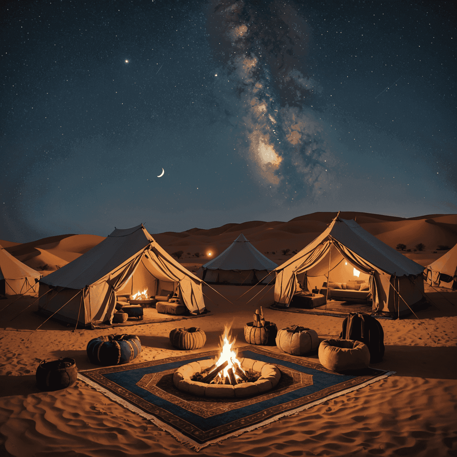 A traditional Bedouin camp set up in the desert, with tents, carpets, and a campfire under a starry night sky