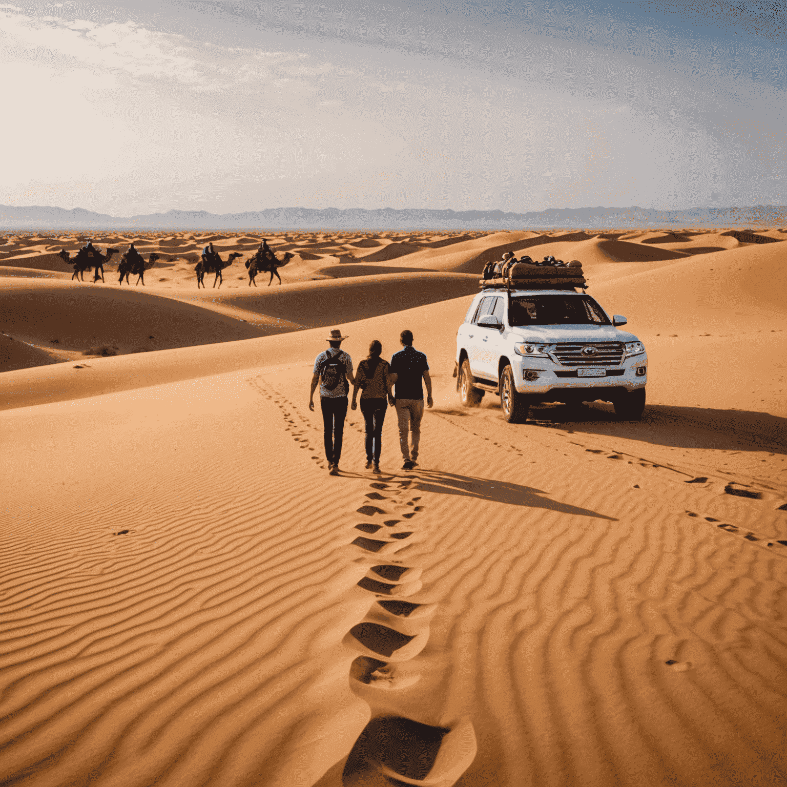 A family or small group enjoying a personalized desert safari experience, with a private guide and customized activities.