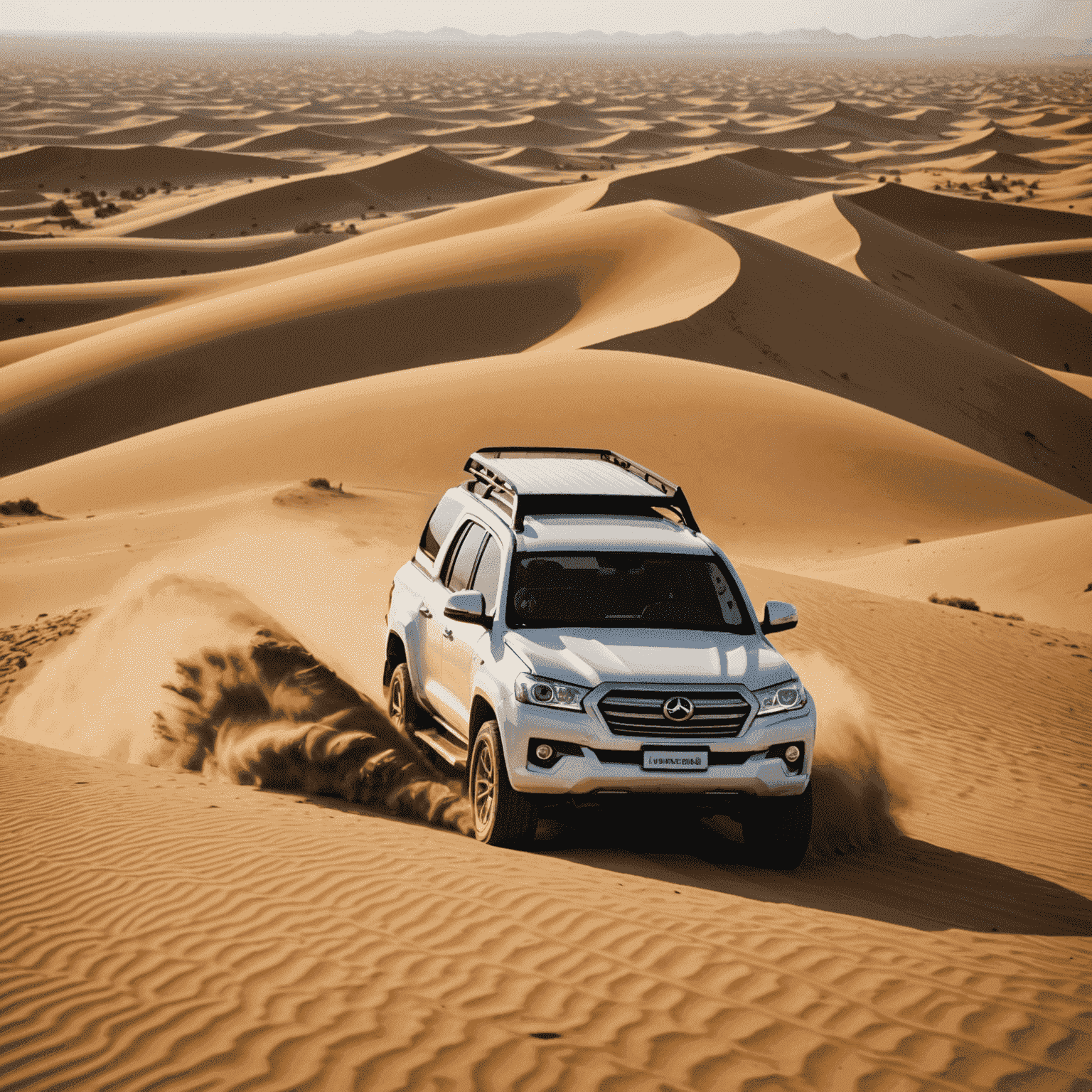 An exhilarating dune bashing experience in the heart of the UAE desert, with skilled drivers navigating through golden sand dunes in a 4x4 vehicle, providing an adrenaline-pumping ride for adventurous tourists.