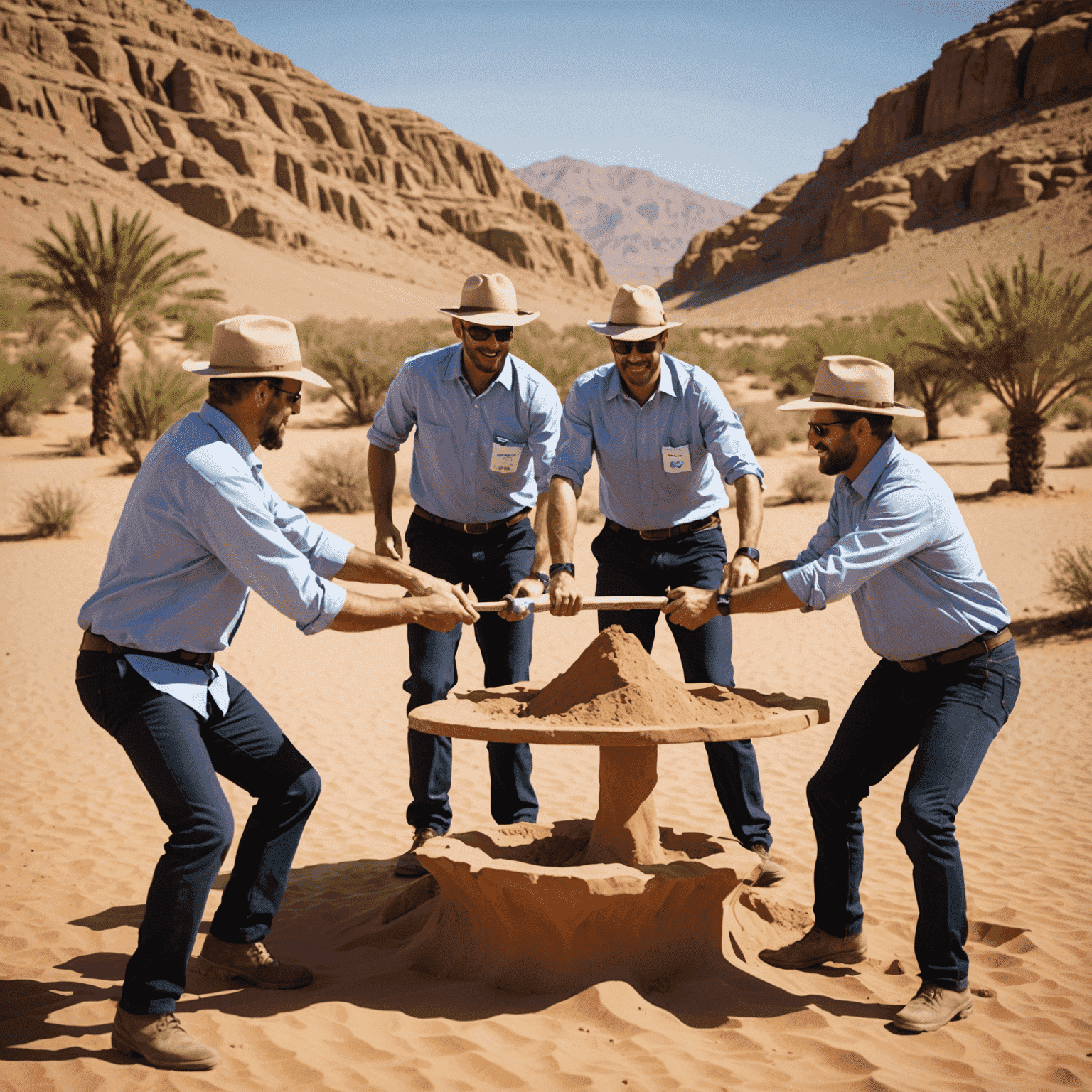 A team of colleagues participating in team-building activities and enjoying a corporate retreat in the desert setting.