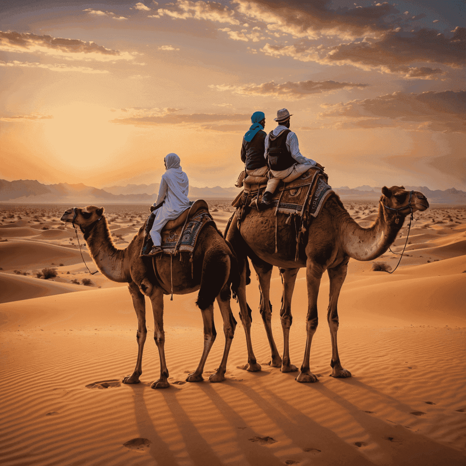 A romantic and traditional camel ride through the desert during sunset, with tourists sitting on the back of a majestic camel, witnessing the breathtaking beauty of the golden hour in a serene and wondrous setting.