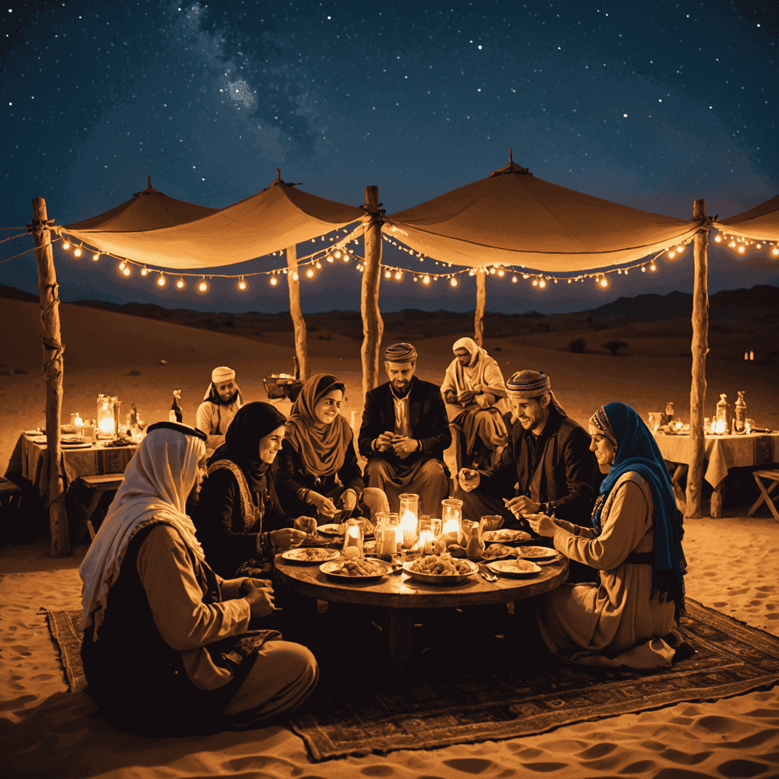 Tourists enjoying a delicious traditional Arabic dinner at an authentic Bedouin camp in the desert, with captivating belly dance performances, creating unforgettable memories under the starlit night sky.